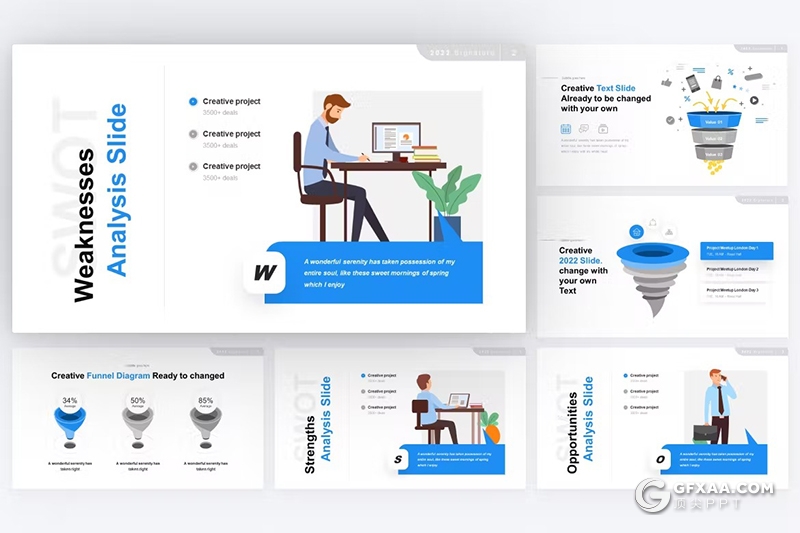 卡通商务人物风格SWOT图形PPT模板 - 顶尖PPT