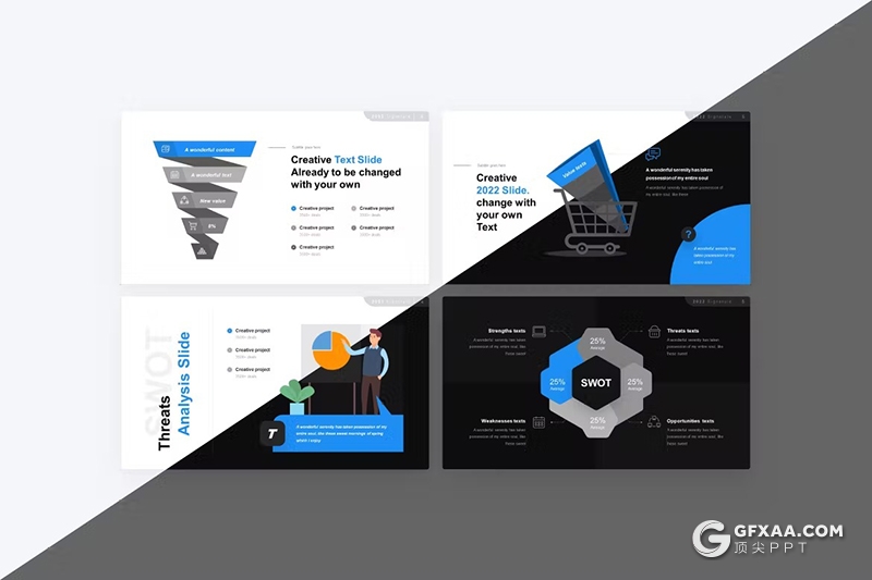 卡通商务人物风格SWOT图形PPT模板 - 顶尖PPT