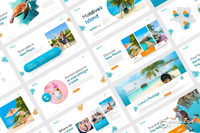 55页时尚精美旅游度假国外风景介绍主题热带旅游演示PPT模板11种配色 - 顶尖PPT