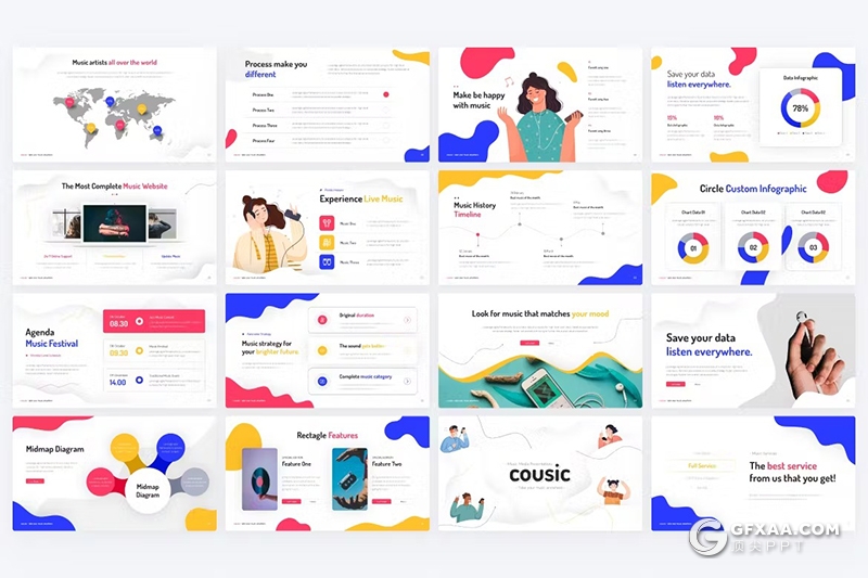 64页卡通风格音乐活动主题演讲keynote模板11种配色 - 顶尖PPT