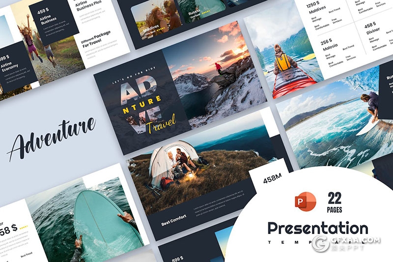 22页旅游度假冲浪冒险户外露营通用国外PPT模板 - 顶尖PPT