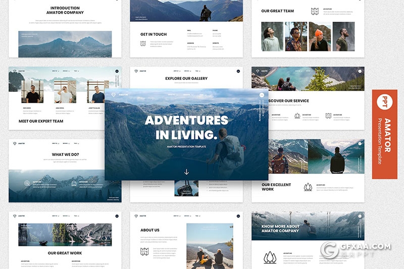 30页业余爱好者冒险雪山徒步旅行项目介绍分析国外PPT模板 - 顶尖PPT