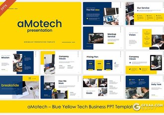 蓝黄配色商业简介业务合作商务通用国外PPT模板 - 顶尖PPT