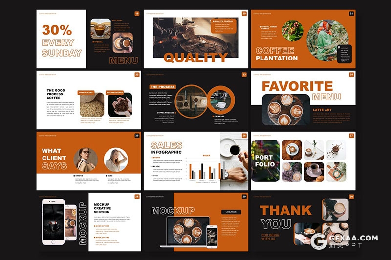 30页咖啡店铺宣传咖啡种类产量数据分析介绍国外PPT模板 - 顶尖PPT