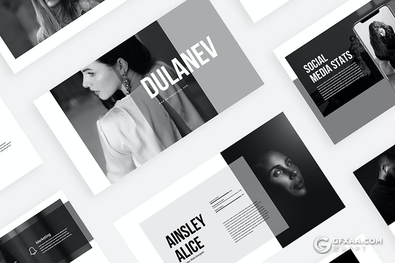 30页简约大气黑白杂质风摄影图片展示通用国外PPT模板 - 顶尖PPT