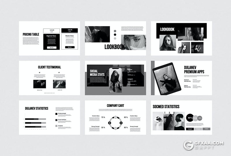 30页简约大气黑白杂质风摄影图片展示通用国外PPT模板 - 顶尖PPT