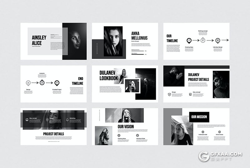 30页简约大气黑白杂质风摄影图片展示通用国外PPT模板 - 顶尖PPT