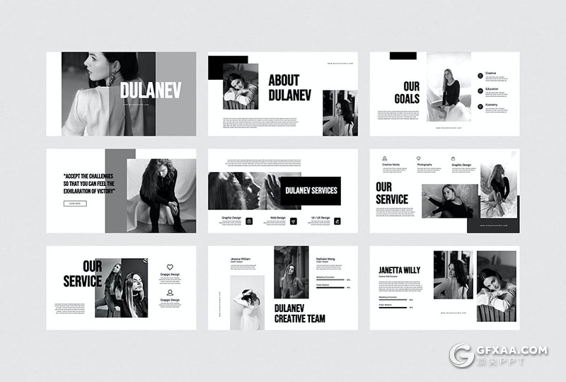 30页简约大气黑白杂质风摄影图片展示通用国外PPT模板 - 顶尖PPT