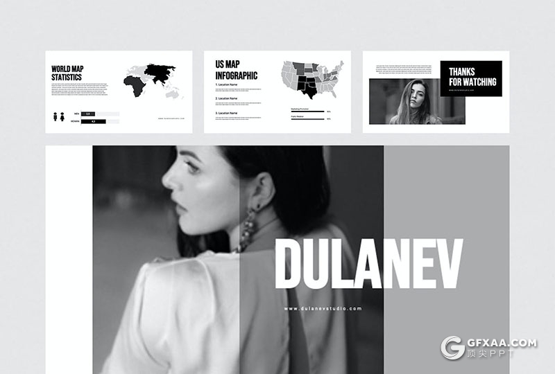 30页简约大气黑白杂质风摄影图片展示通用国外PPT模板 - 顶尖PPT