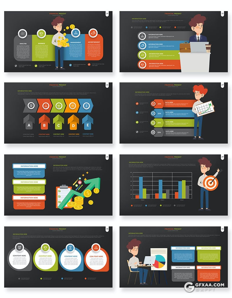 33页多色彩卡通人物商务金融财务分析行业图形图表PPT模板10种配色 - 顶尖PPT