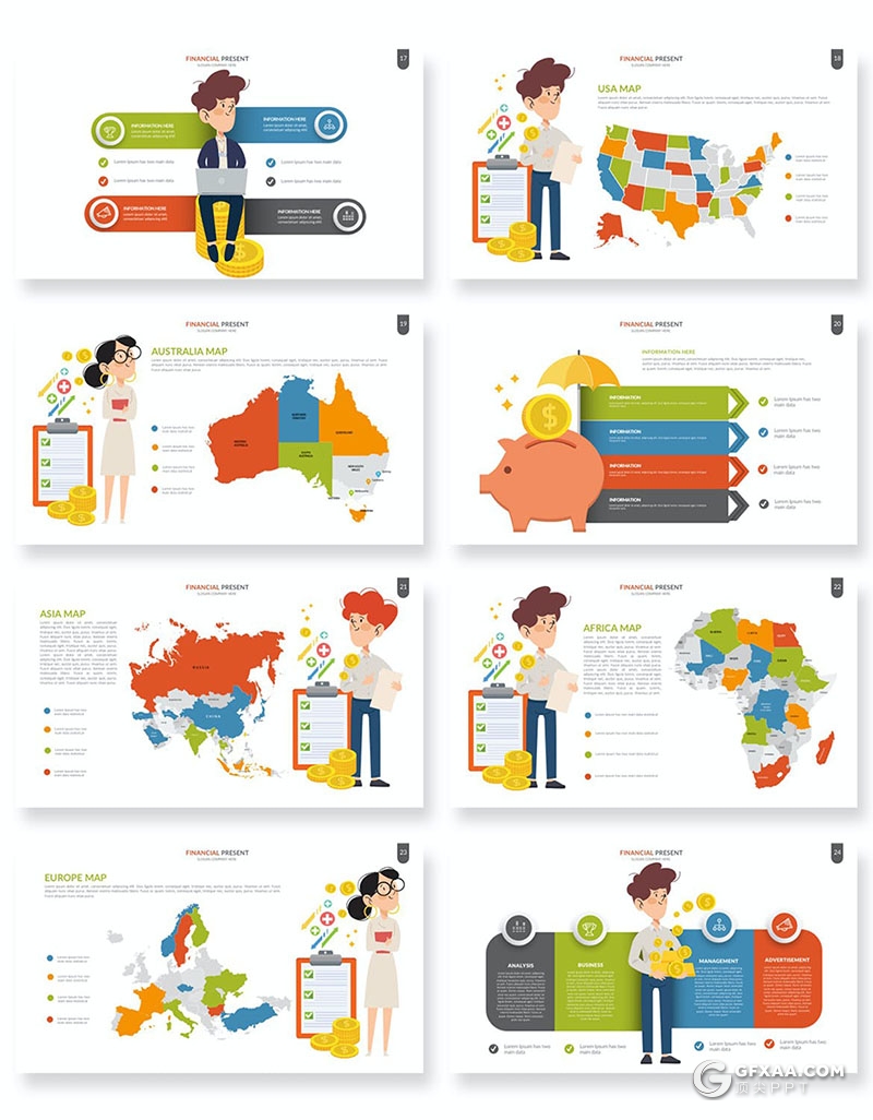 33页多色彩卡通人物商务金融财务分析行业图形图表PPT模板10种配色 - 顶尖PPT