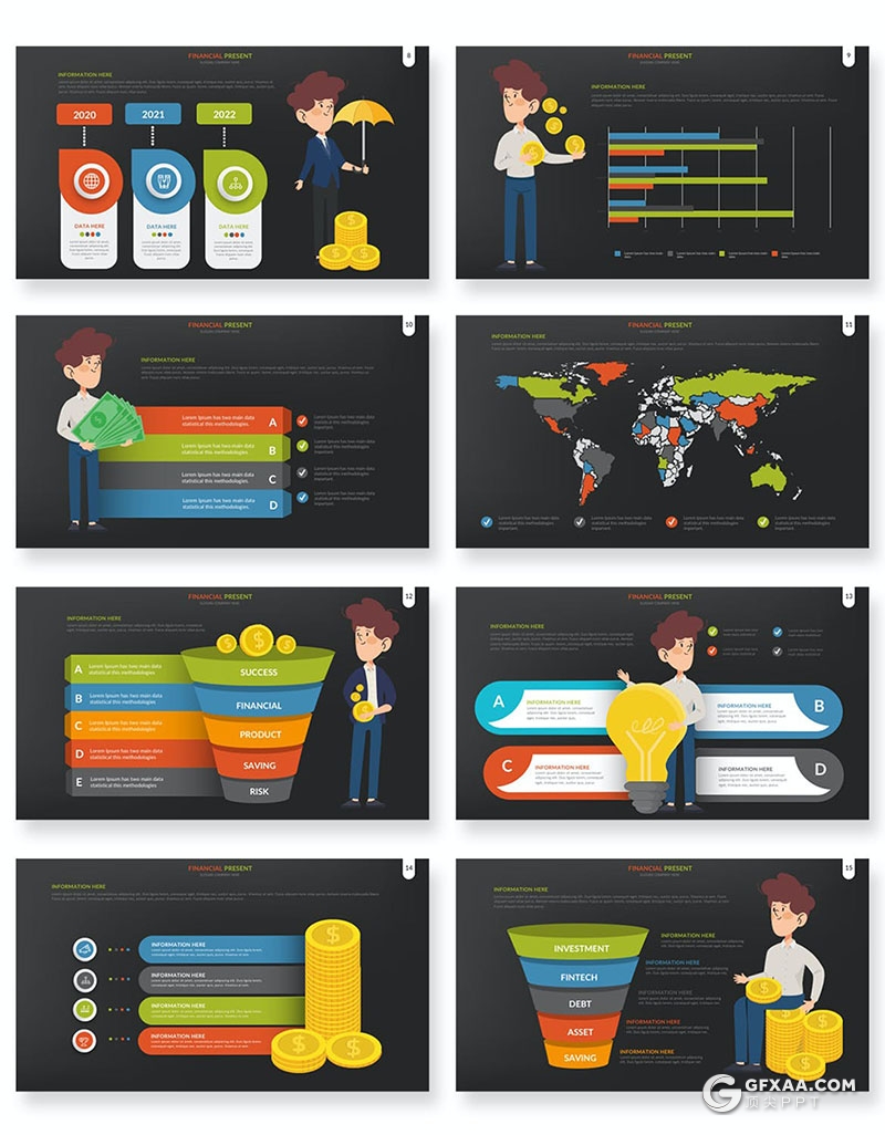 33页多色彩卡通人物商务金融财务分析行业图形图表PPT模板10种配色 - 顶尖PPT
