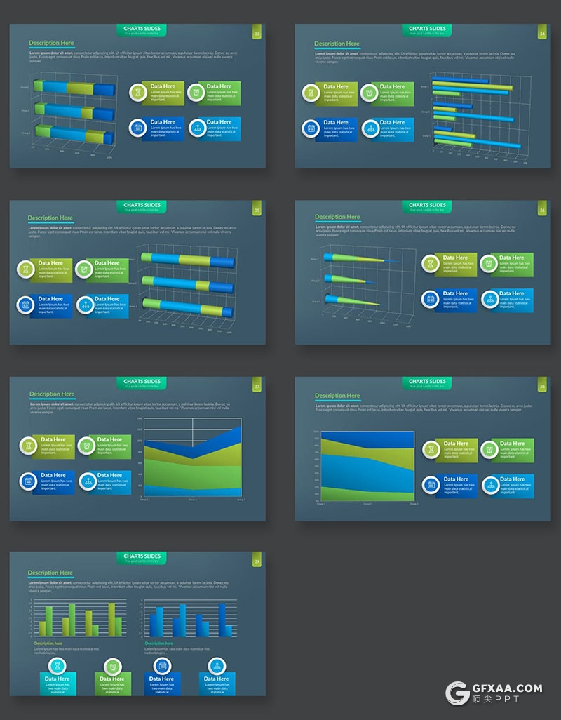 39页蓝绿色条形财务数据分析图形图表PPT模板 - 顶尖PPT