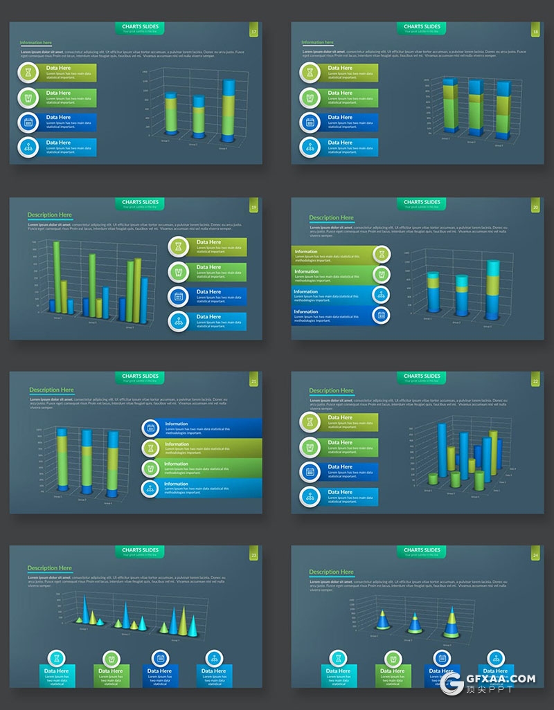 39页蓝绿色条形财务数据分析图形图表PPT模板 - 顶尖PPT