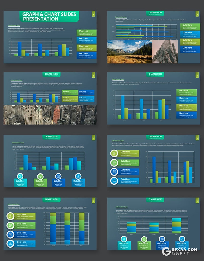 39页蓝绿色条形财务数据分析图形图表PPT模板 - 顶尖PPT