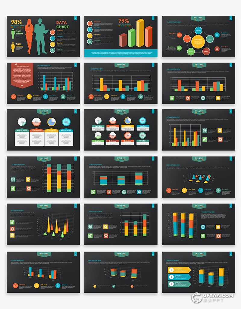 92页微立体多色彩商务数据分析柱形饼形图形图表PPT模板 - 顶尖PPT