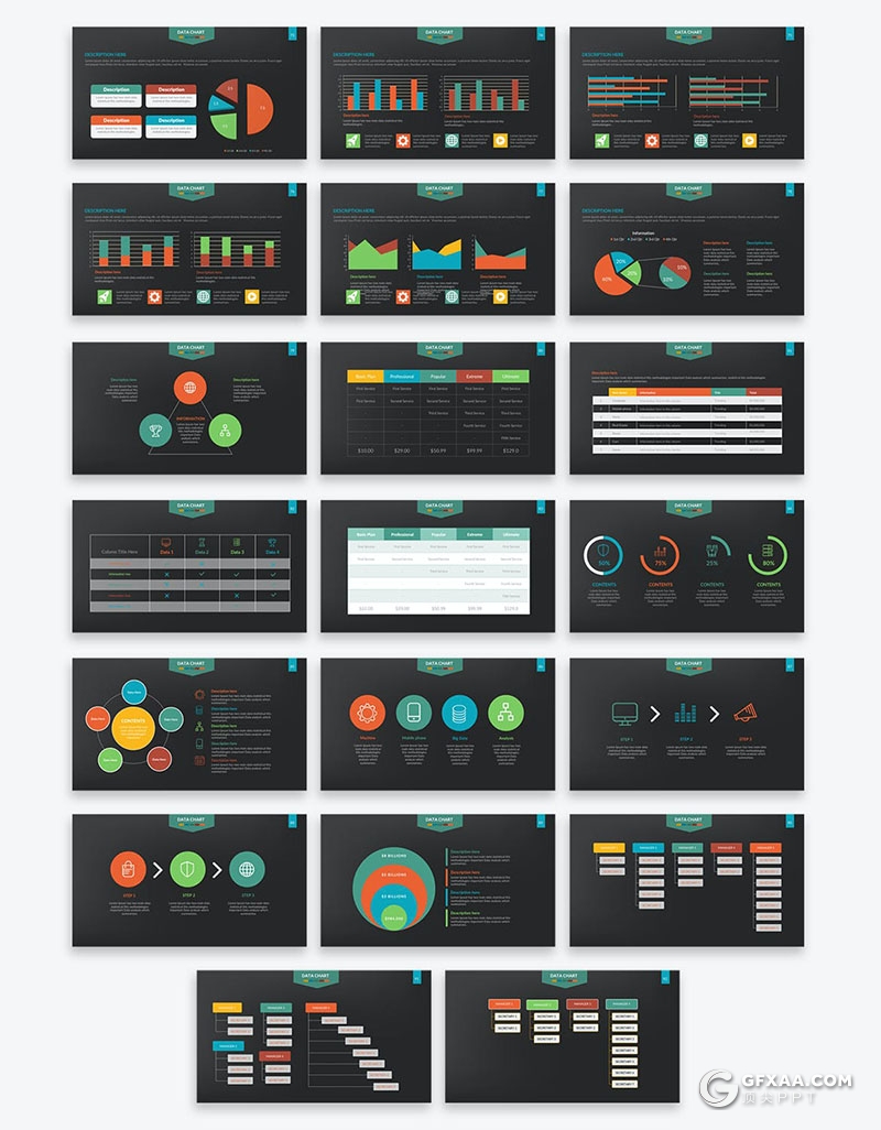 92页微立体多色彩商务数据分析柱形饼形图形图表PPT模板 - 顶尖PPT