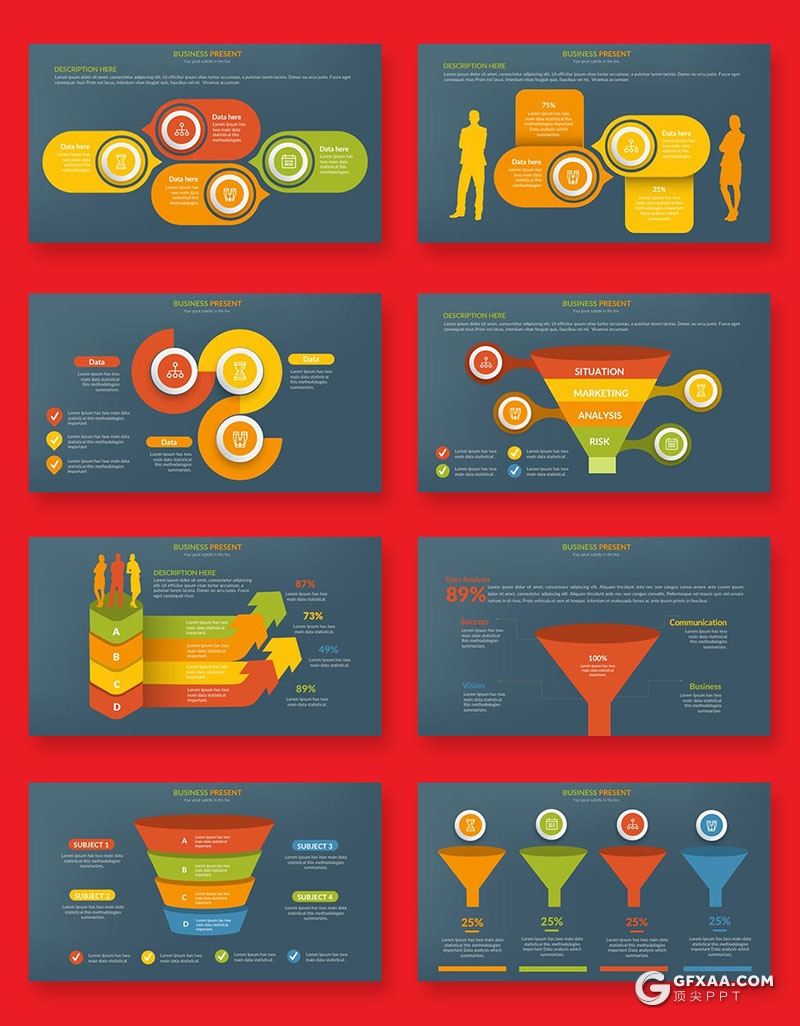34页微立体多色彩商务数据分析漏斗形对比信息图形图表PPT模板 - 顶尖PPT
