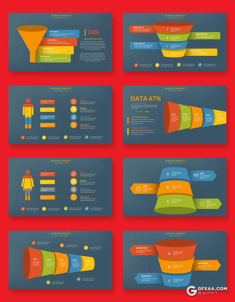 34页微立体多色彩商务数据分析漏斗形对比信息图形图表PPT模板 - 顶尖PPT