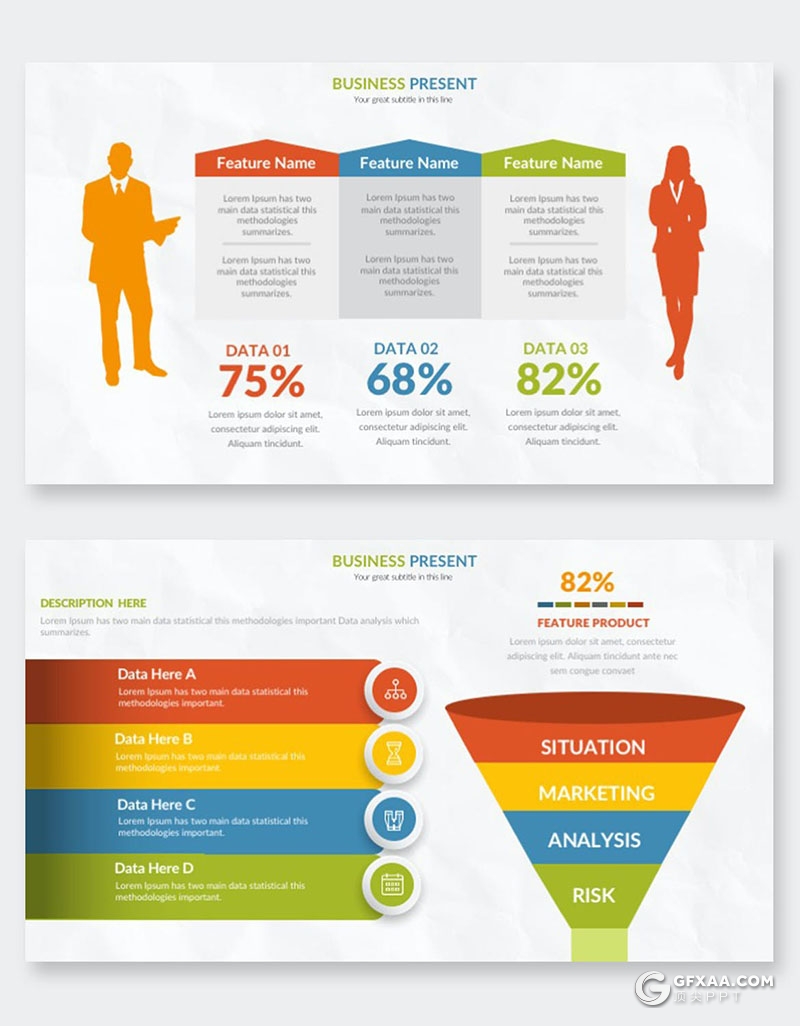 34页微立体多色彩商务数据分析漏斗形对比信息图形图表PPT模板 - 顶尖PPT