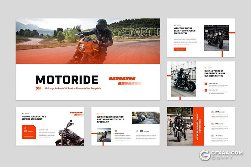 30页摩托车租赁户外摩托车比赛运动户外冒险项目介绍展示PPT模板 - 顶尖PPT