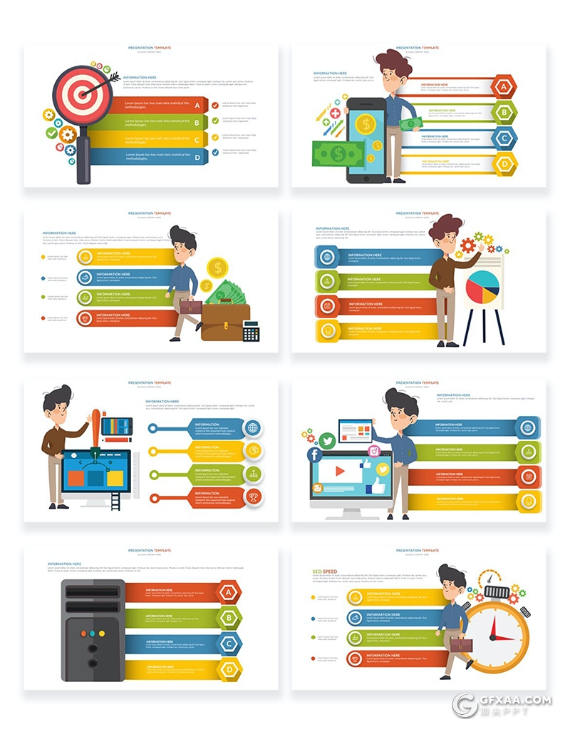 44页多色彩商务卡通人物商务金融财务分析行业图形图表PPT模板 - 顶尖PPT