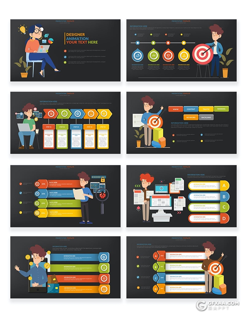44页多色彩商务卡通人物商务金融财务分析行业图形图表PPT模板 - 顶尖PPT