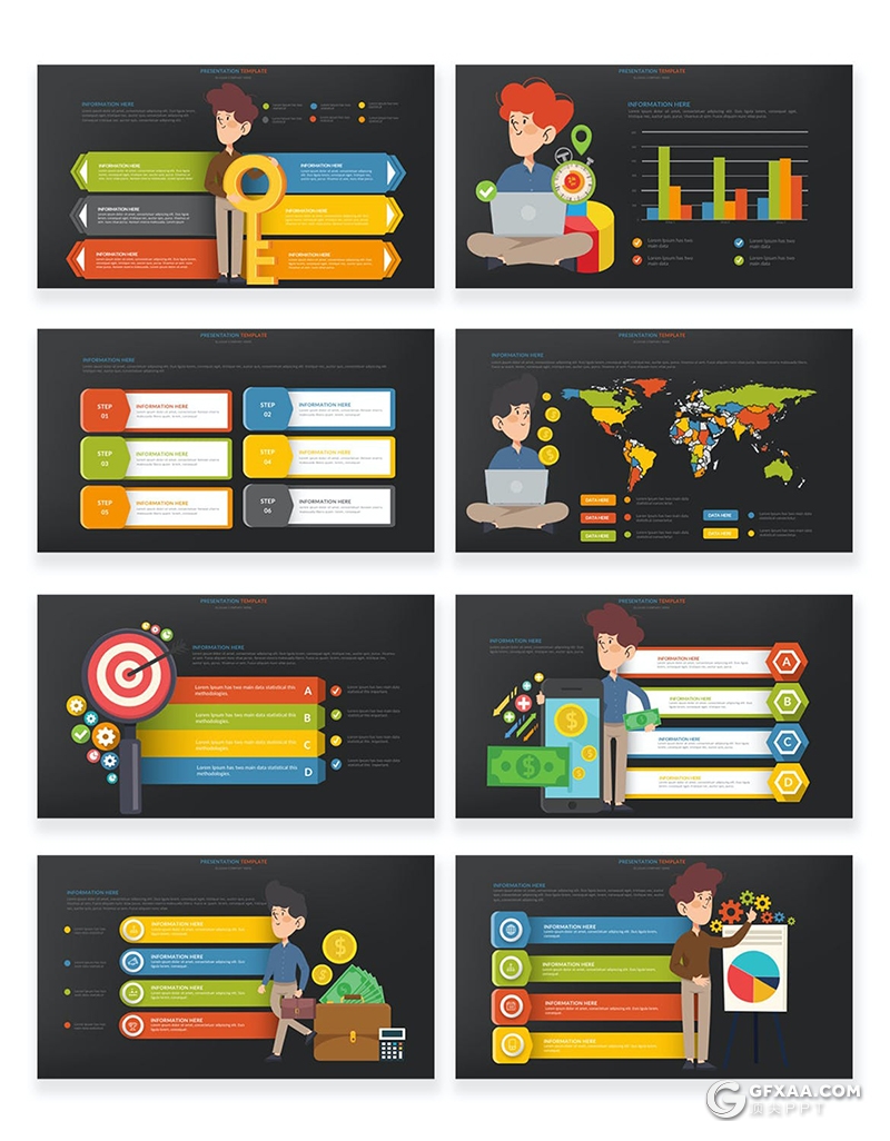 44页多色彩商务卡通人物商务金融财务分析行业图形图表PPT模板 - 顶尖PPT