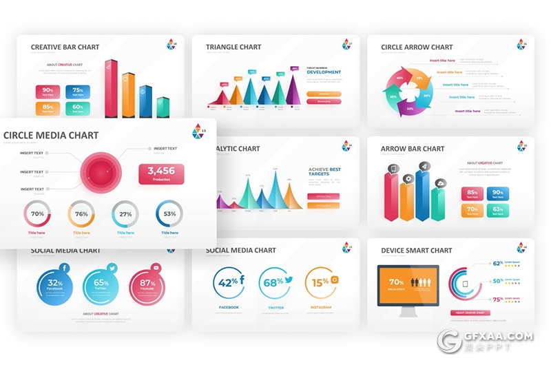 21页多色彩精美大气商务数据展示图形图表PPT模板 - 顶尖PPT