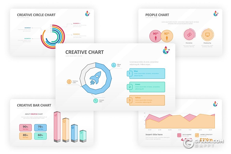 21页多色彩精美时尚商务数据展示图形图表PPT模板 - 顶尖PPT