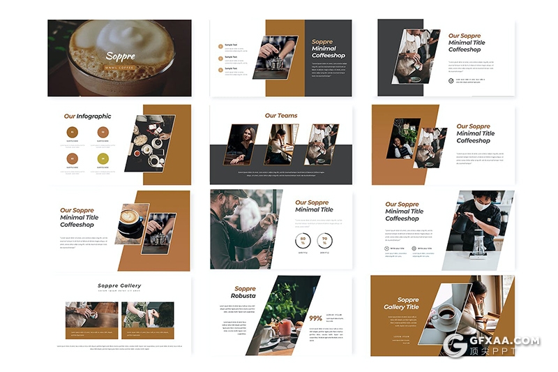 30页咖啡宣传主题咖啡产品介绍制作多用途国外PPT模板5种配色 - 顶尖PPT