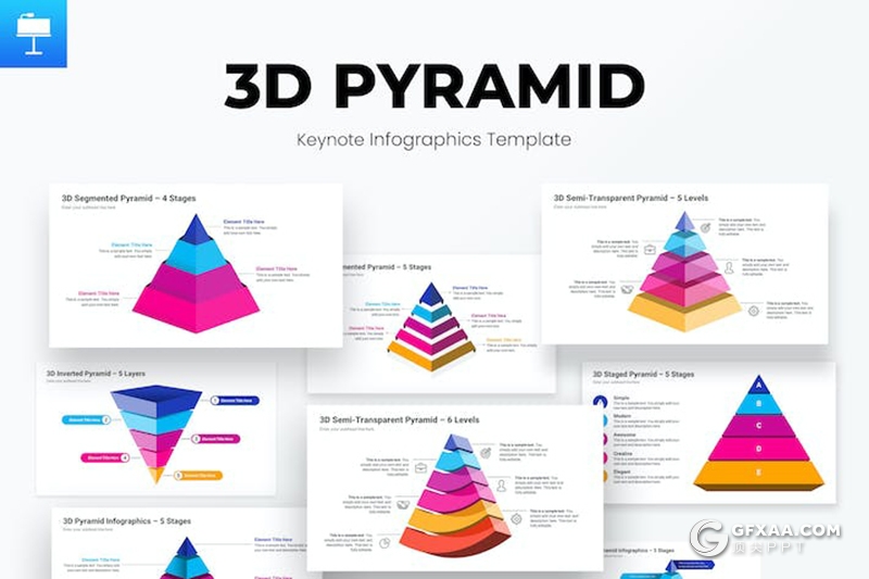 彩色创意金字塔锥形3d金字塔图形图表素材KeyNote模板 - 顶尖PPT