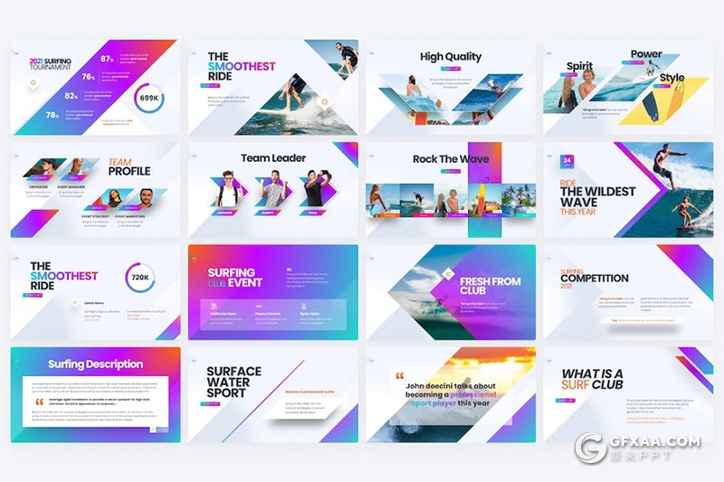 89页创意精美渐变色海上冲浪主题多用途PPT模板 - 顶尖PPT