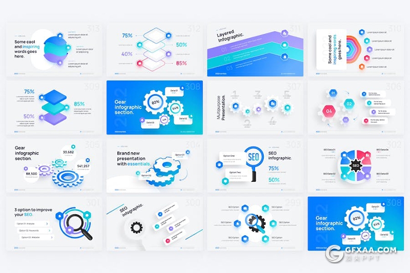 蓝色齿轮图形图表PPT模板 - 顶尖PPT