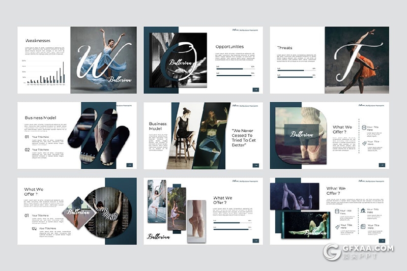 91页时尚精美芭蕾舞活动营销策划舞蹈才艺培训宣传通用国外PPT模板 - 顶尖PPT