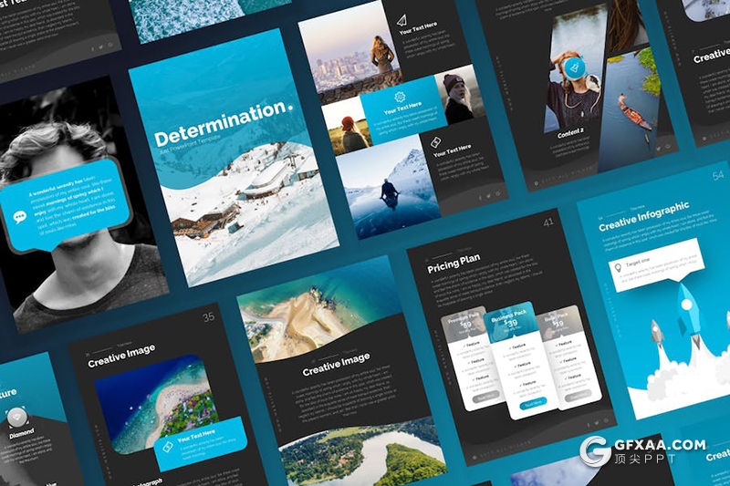 60页大气旅游景点介绍海边旅游景点宣传多用途国外PPT模板A4尺寸11种配色 - 顶尖PPT