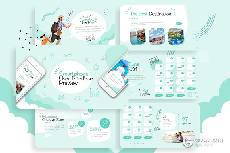 20页创意手绘风旅游户外旅行海边旅游景点宣传多用途国外PPT模板 - 顶尖PPT