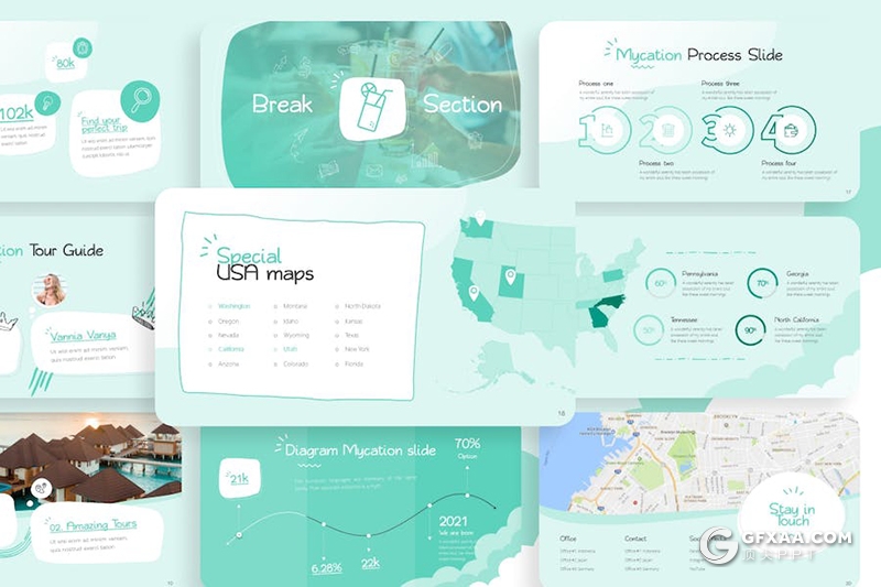 20页创意手绘风旅游户外旅行海边旅游景点宣传多用途国外PPT模板 - 顶尖PPT