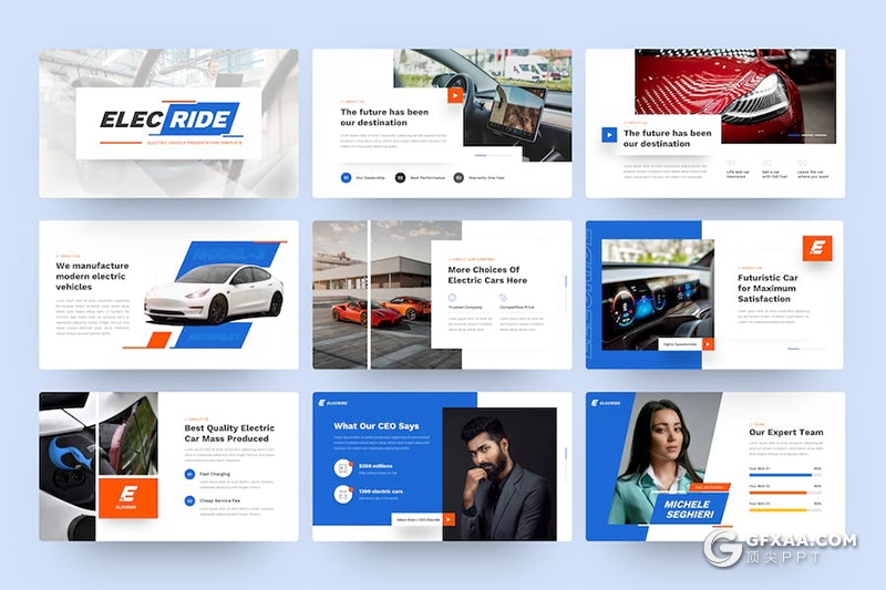 40页蓝色大气电动汽车发展介绍新能源汽车创业投资国外PPT模板 - 顶尖PPT