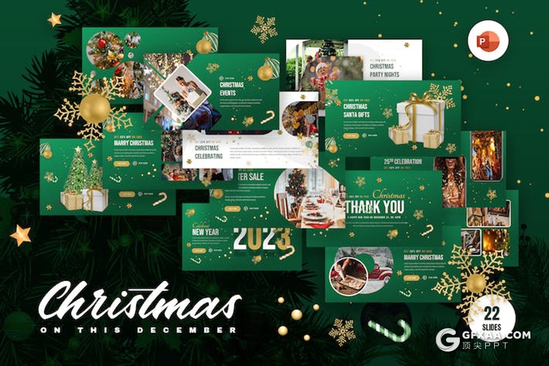 22页绿色圣诞节快乐圣诞活动派对国外PPT模板 - 顶尖PPT