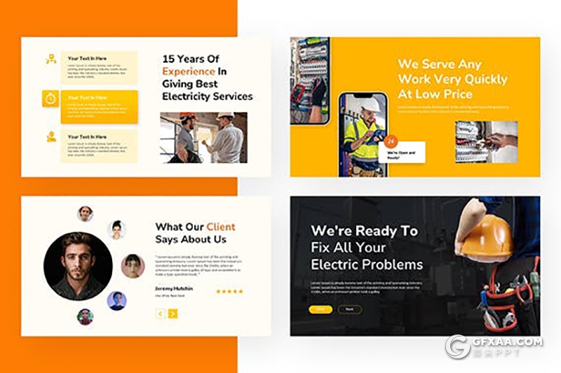 10页橙色电工维修上门服务行业主题国外ppt模板 - 顶尖PPT
