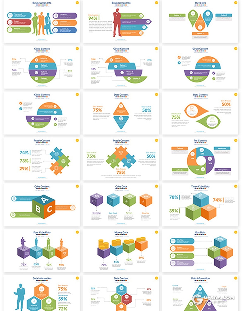 50页多色彩卡通商务图形图表数据分析keynote模板 - 顶尖PPT