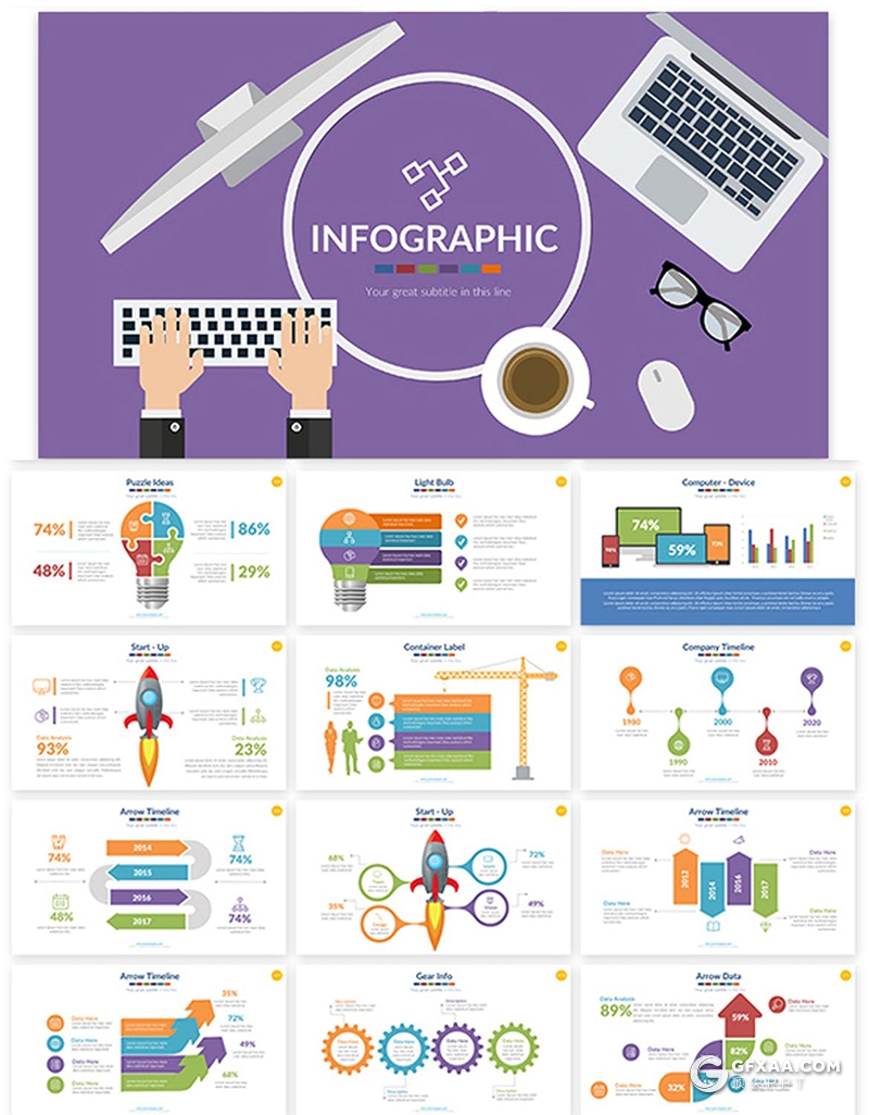 50页多色彩卡通商务图形图表数据分析keynote模板 - 顶尖PPT