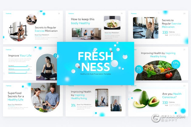 80页新鲜度运动健康饮食介绍宣传通用国外PPT模板 - 顶尖PPT