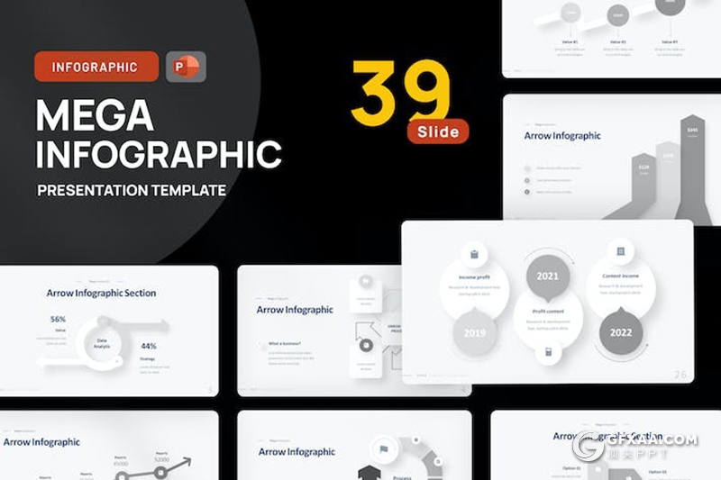 39页灰色箭头时间线信息图PPT模板 - 顶尖PPT