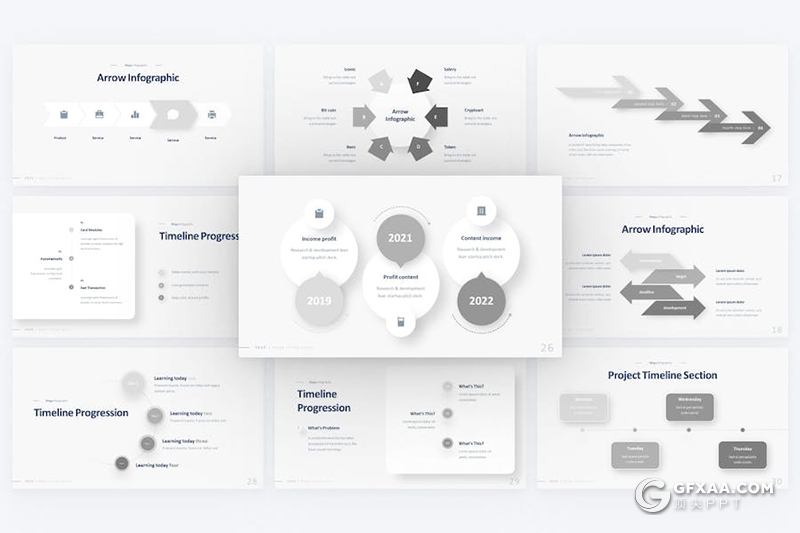39页灰色箭头时间线信息图PPT模板 - 顶尖PPT