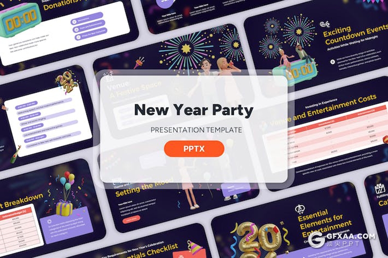 20页新年晚会新年活动3d立体人物插画图形国外PPT模板 - 顶尖PPT