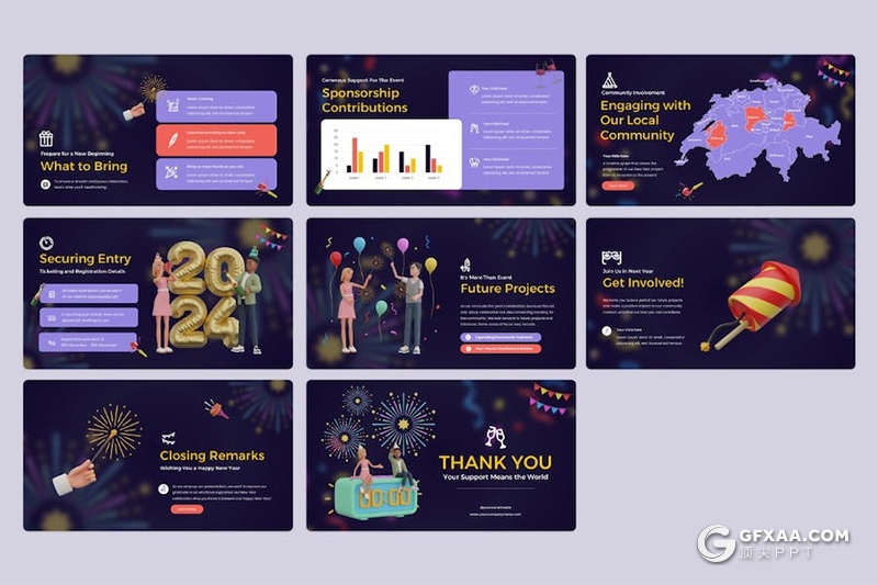 20页新年晚会新年活动3d立体人物插画图形国外PPT模板 - 顶尖PPT