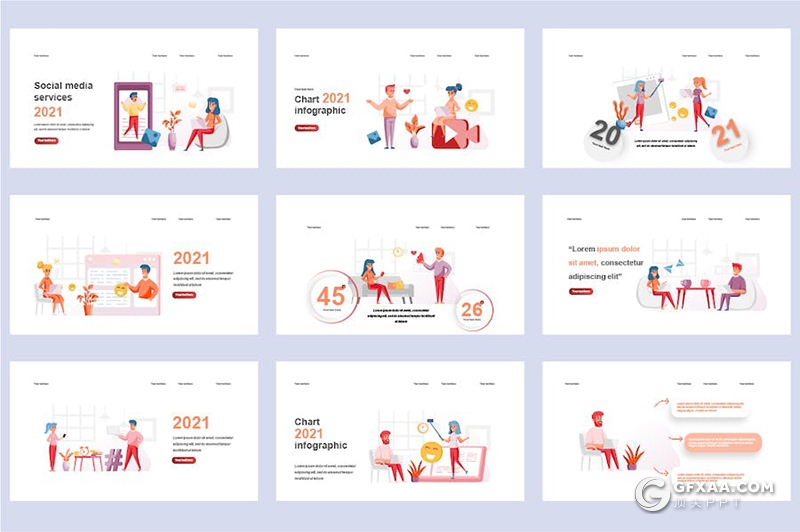 45页社交媒体数据分析商业人物插画场景展示图形国外PPT模板 - 顶尖PPT