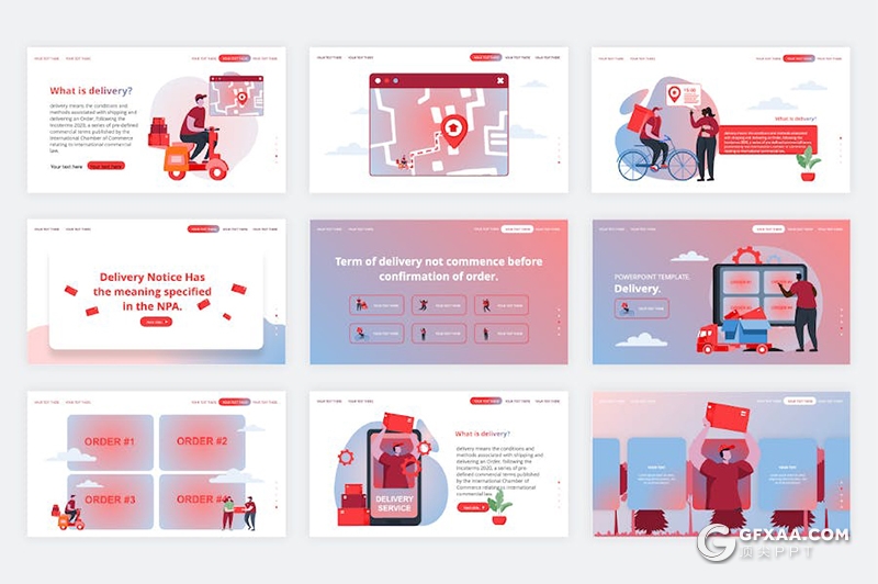 36页红色快递外卖行业数据分析人物场景矢量插画图PPT模板 - 顶尖PPT